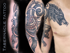 Geometric Nordic Wolf tattoo in black and gray & Celtic